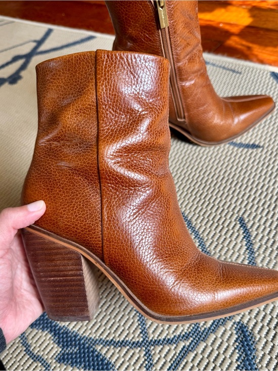 Vince Camuto Shoes - Vince Camuto Brown Leather Pointed Toe Stacked Heeled Boots